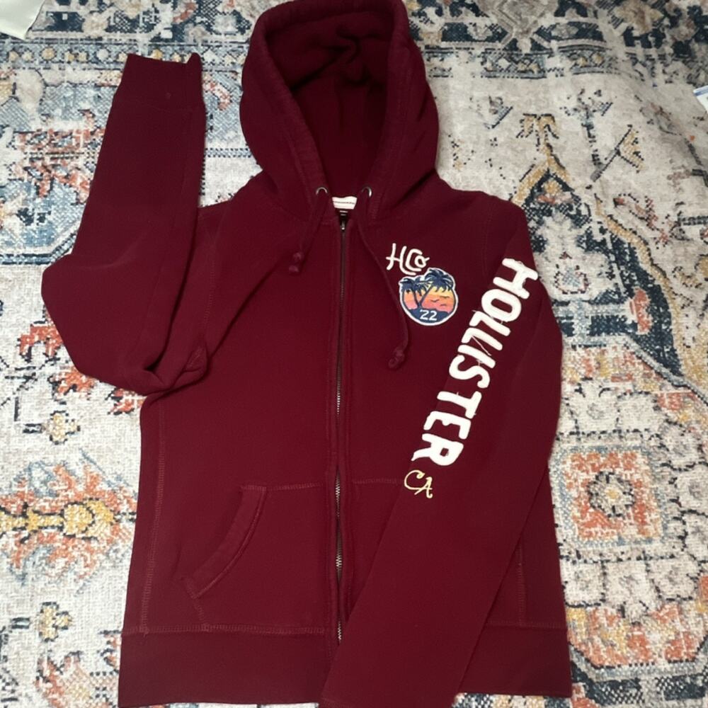 Vintage Y2K Hollister Burgundy Full Zip Hoodie Medium Palm Tree Sleeve Graphic